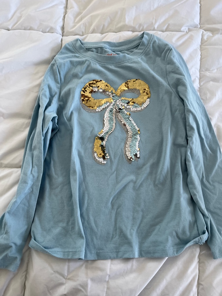 Cat & Jack Light Blue Long-Sleeve Tee With Gold & Cream Sequin Bow